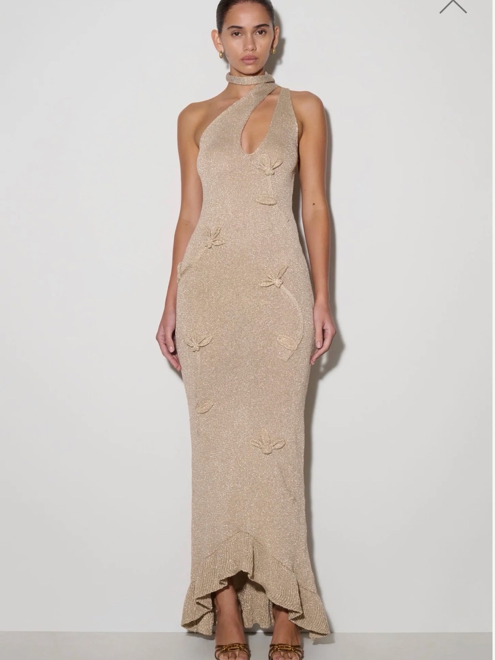 Meshki Gold One-Shoulder Keyhole Mermaid Maxi Dress